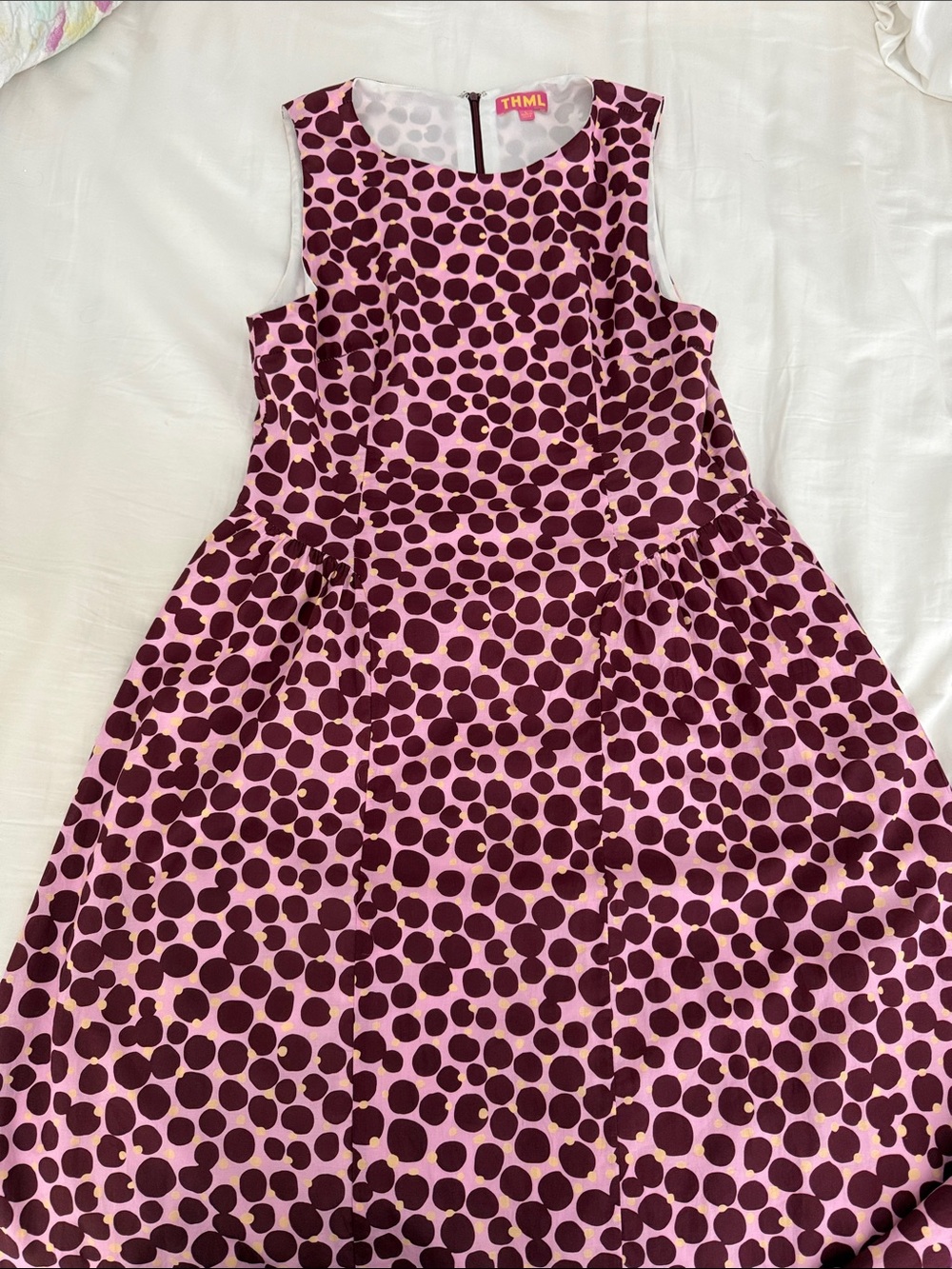 THML Pink and Burgundy Polka Dot Sleeveless Fit-and-Flare Dress